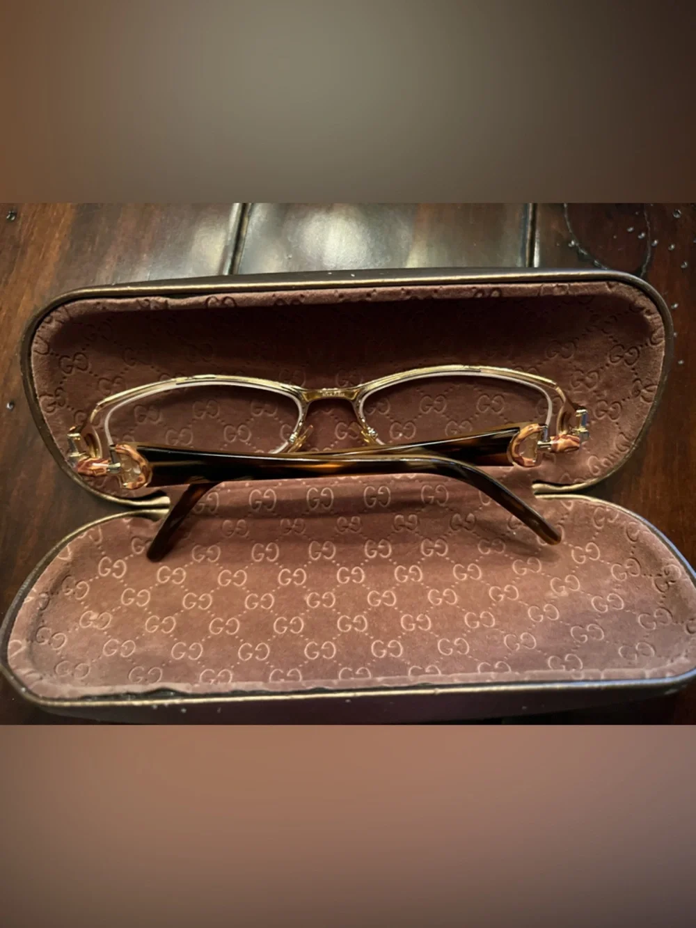 Gucci Gold/Tortoiseshell Slim Rectangular Glasses - Picture 5 of 10